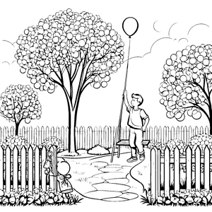 Hochfliegender Luftballon über dem bunten Garten Ausmalbild für abenteuerlustige kleine Entdecker