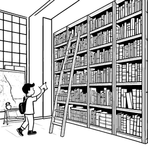 Spannende Bücherregale mit wissbegierigem Jungen Ausmalbild für neugierige Entdecker