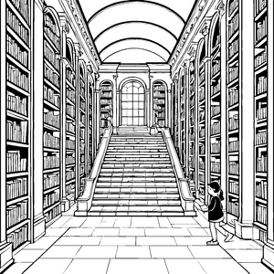 Faszinierende Bibliotheksarchitektur mit treppensteigerndem Mädchen Ausmalvorlage für wissbegierige Leseratten