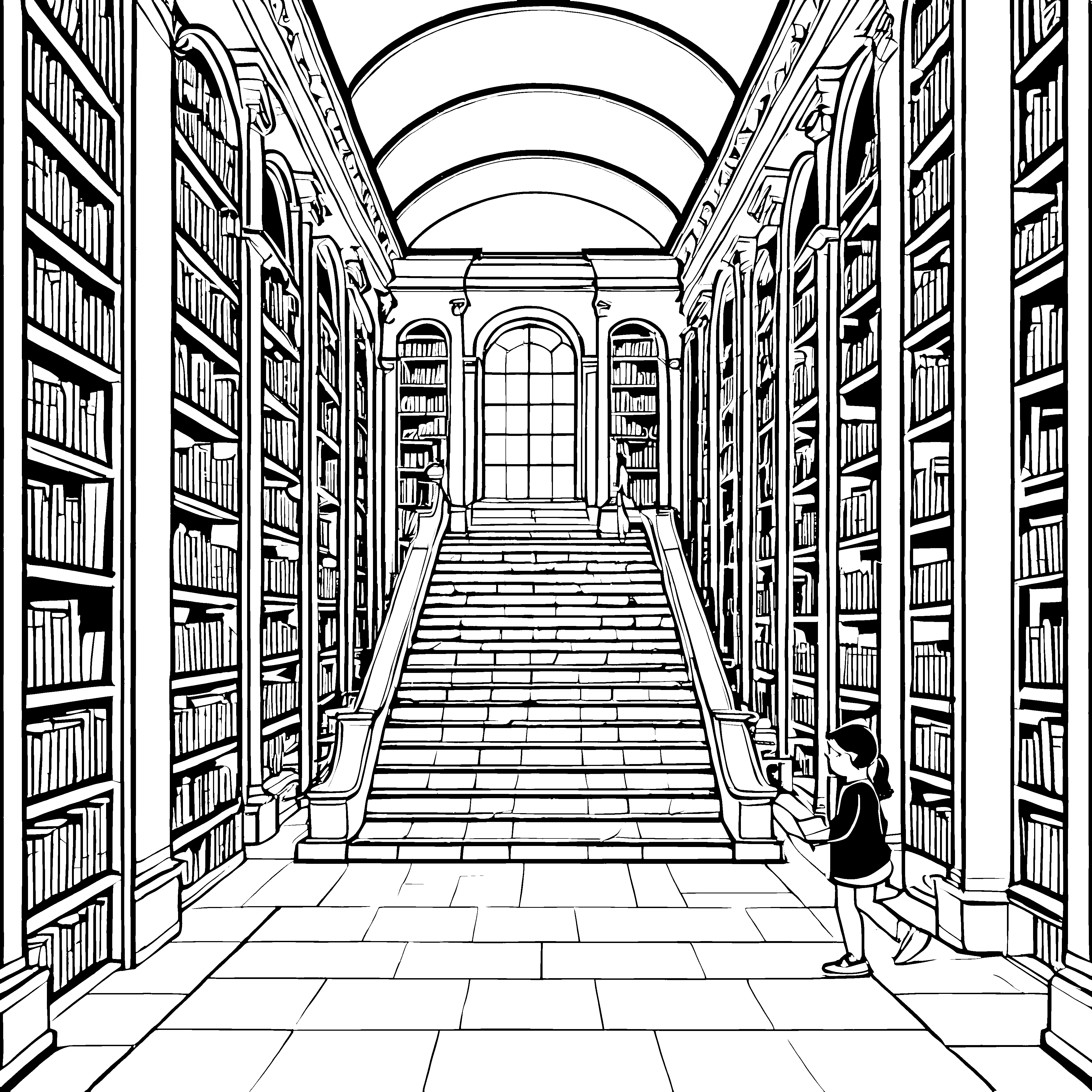 Faszinierende Bibliotheksarchitektur mit treppensteigerndem Mädchen Ausmalvorlage für wissbegierige Leseratten