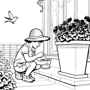 Blühender Blumenkübel mit bunten Pflanzen Ausmalvorlage für kreative Gartenentdecker