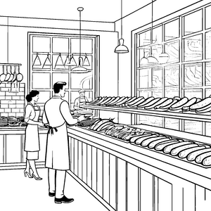 Kreative Fleischereifachverkäufer mit bunten Delikatessen Ausmalbild für kleine Schlemmerfreunde