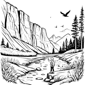 Inspirierende Berglandschaft mit gleitendem Adler Ausmalmotiv für junge Naturentdecker