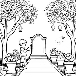 Kind auf geheimnisvollem Friedhof zwischen blühenden Pflanzen Ausmalmotiv für kleine Entdecker