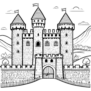 Majestätische Burg mit Wimpeln und grüner Umgebung Ausmalbild für neugierige Entdecker