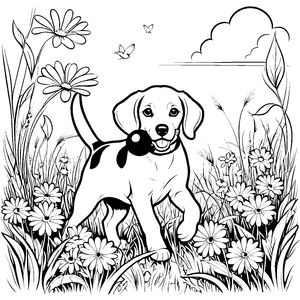 Verspielter Beagle im blühenden Garten Ausmalvorlage für liebevolle Tierfreunde