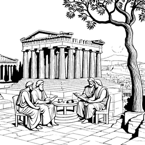 Philosophisches Gespräch unter alten Säulen Ausmalvorlage für neugierige Denker
