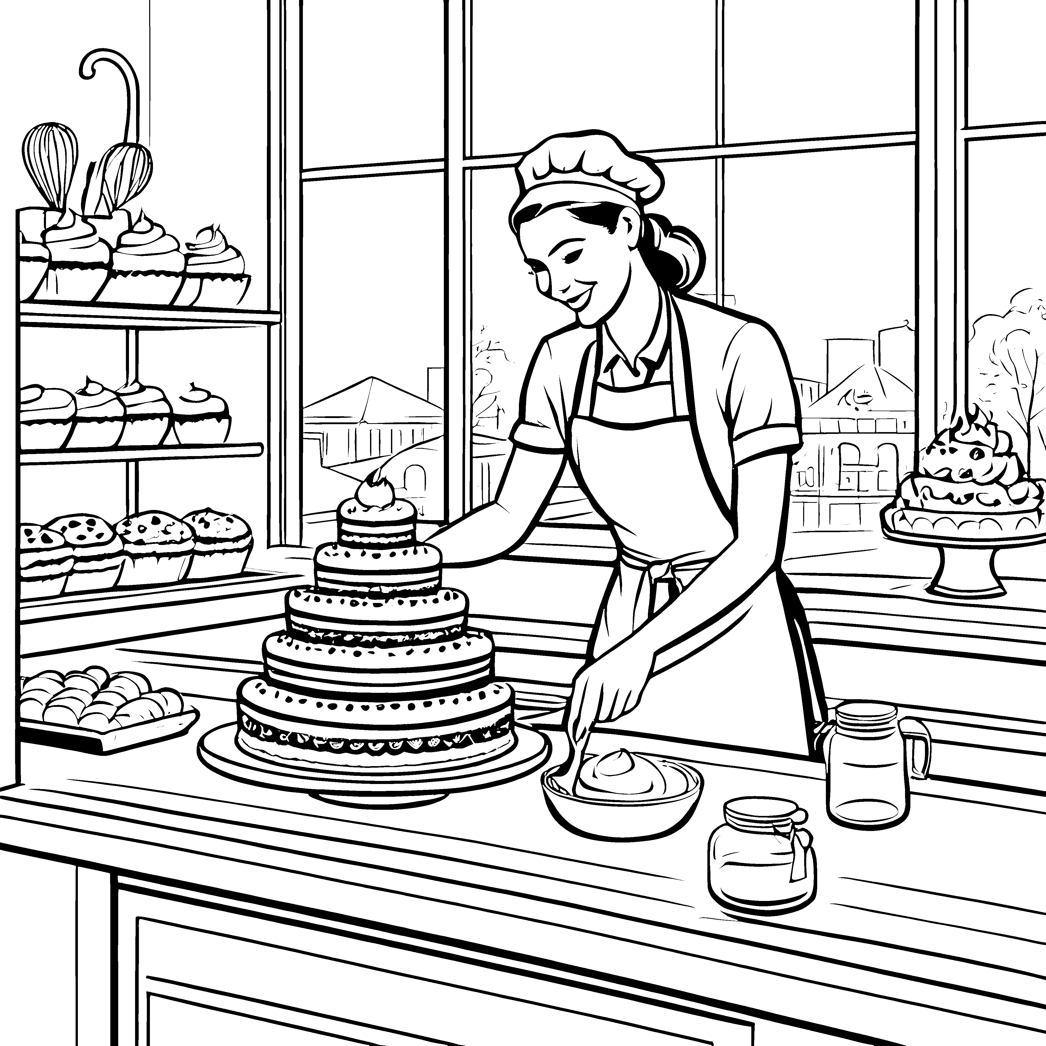 Bezaubernde Konditorin mit hoher Torte Ausmalbild für kleine Meisterbäcker