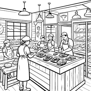 Lebendige Fleischwarenpräsentation mit freundlichem Verkaufsteam Ausmalmotiv für neugierige Küchenchefs