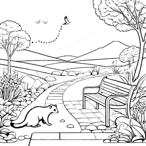 Frettchen erkundet den bunten Garten Ausmalmotiv für kleine Naturforscher