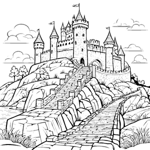 Majestätische Burg auf felsigem Hügel Ausmalbild für kleine Drachenreiter