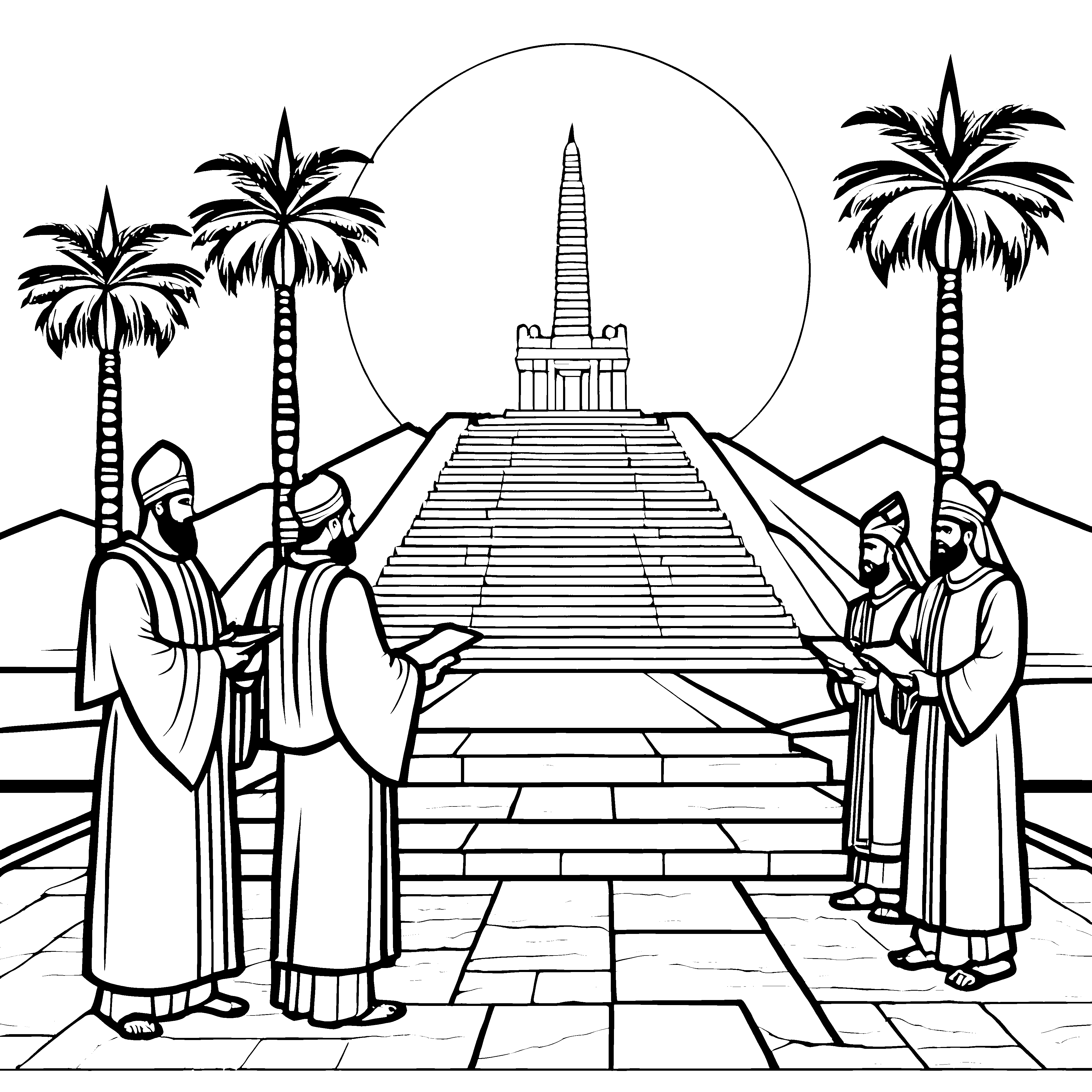 Babylonische Priester vor majestätischem Tempel Ausmalbild für neugierige Geschichtenerzähler