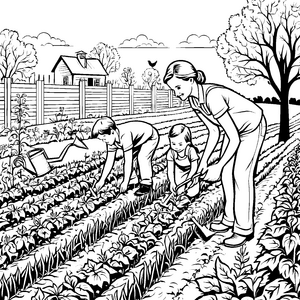 Familie bei der spannenden Ernte im grünen Garten Ausmalbild für kleine Naturfreunde