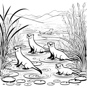 Verspielte Otter im friedlichen Sumpf Ausmalbild für kleine Naturfreunde
