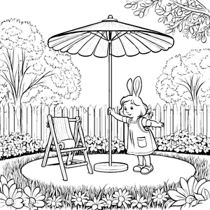 Bunte Sonnenschirme im blühenden Garten Ausmalmotiv für neugierige FrühlingsForscher