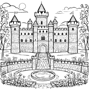 Fantasievolle Burg mit geheimnisvollem Wassergraben Ausmalvorlage für junge Ritter und Prinzessinnen