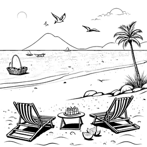 Entspannte Strandliegen unter palmenumsäumtem Himmel Malvorlage für sonnige Abenteurer