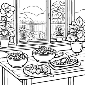 Leckere Salate im bunten Garten Ausmalvorlage für neugierige Küchenchefs