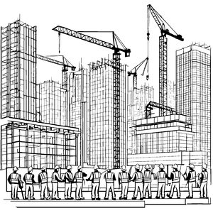 Großes Bauprojekt mit vielen Bauarbeitern Malvorlage für kreative Baukünstler