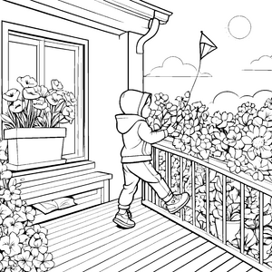 Bunter Balkon voller Blumen und fröhlicher Kindheit Ausmalvorlage für kleine Naturfreunde
