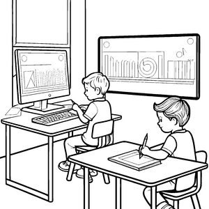 Digitale Monitore im kreativen Klassenzimmer Ausmalbild für junge Technikfreunde