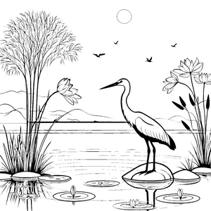 Majestätischer Reiher am Ufer Ausmalbild für neugierige Naturentdecker