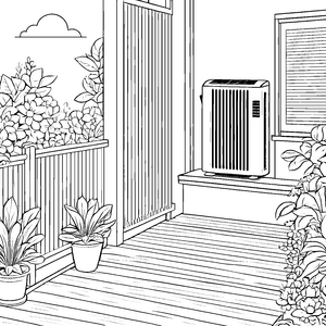 Kreative Klimaanlage im blühenden Garten Ausmalbild für fröhliche Gartenfans