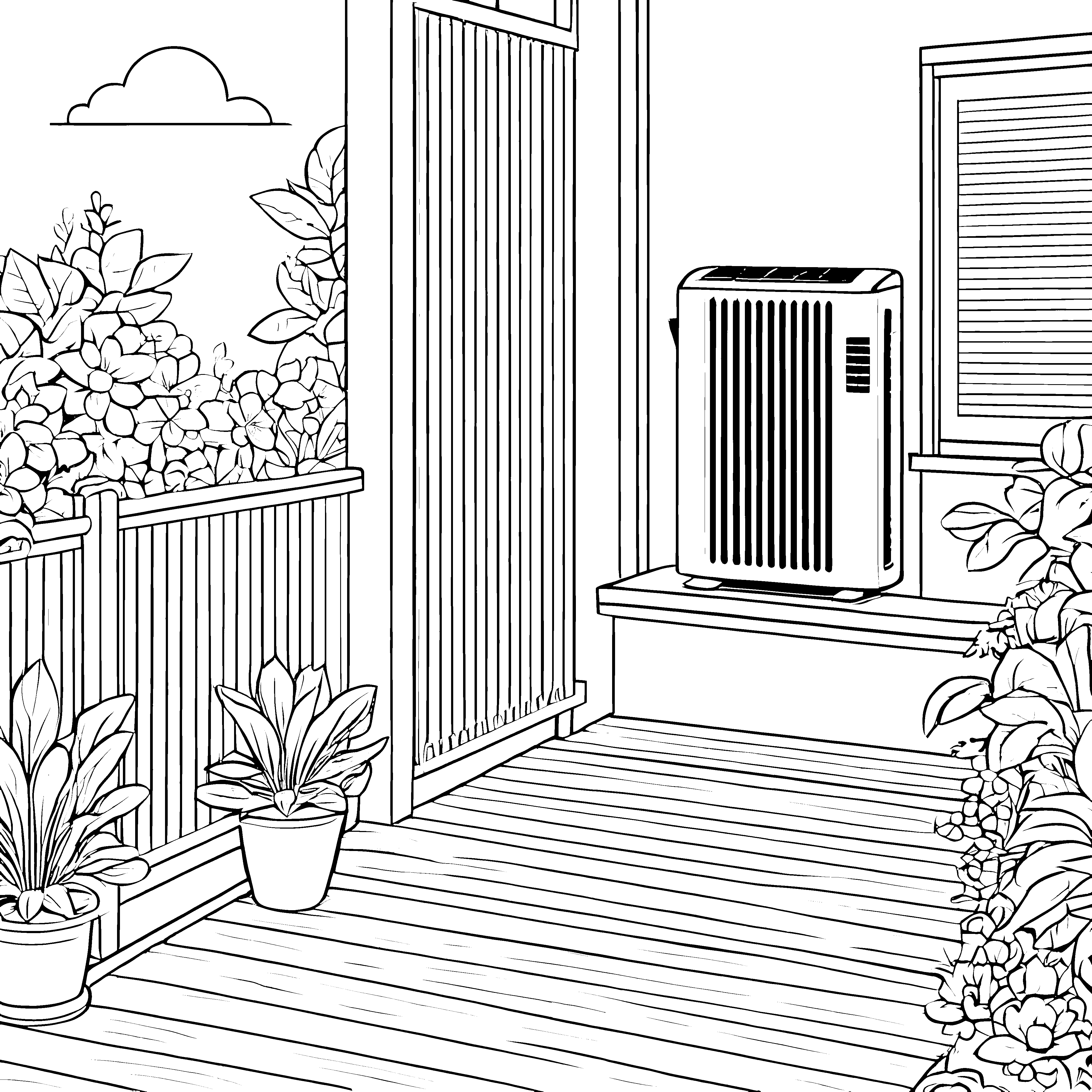 Kreative Klimaanlage im blühenden Garten Ausmalbild für fröhliche Gartenfans