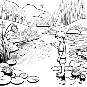 Frohe Lotusblüten auf dem ruhigen Teich Ausmalvorlage für naturbegeisterte Entdecker