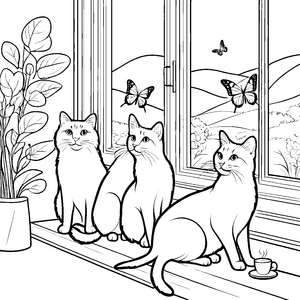 Drei neugierige Schmusekatzen am Fenster mit Schmetterlingen Ausmalvorlage für liebevolle Tierfreunde