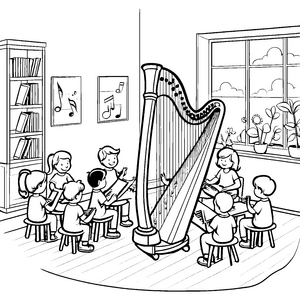 Harmonische Harfenmelodien im Kreis glücklicher Kinder Ausmalvorlage für musikalische Entdecker