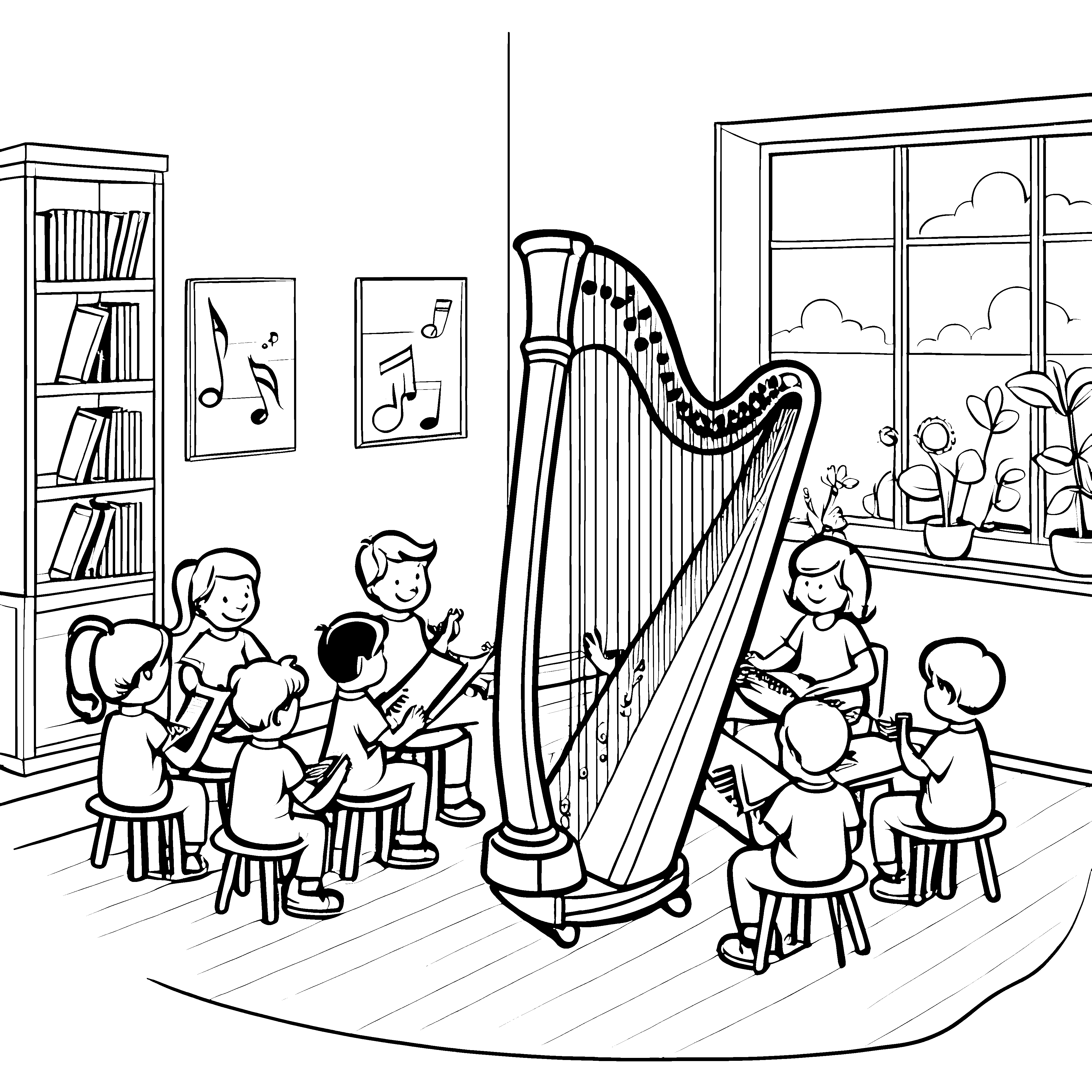 Harmonische Harfenmelodien im Kreis glücklicher Kinder Ausmalvorlage für musikalische Entdecker