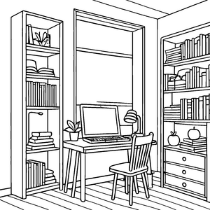 Kreativer Arbeitsplatz mit inspirierenden Büchern Ausmalvorlage für fantasievolle Denker