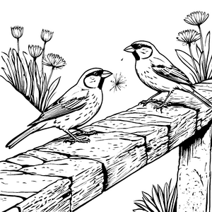 Zwei entzückende Vögel auf Steinmauer Ausmalvorlage für fantasievolle Tierliebhaber