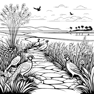 Fasane auf lebhaftem Naturpfad Ausmalvorlage für neugierige Vogelenthusiasten