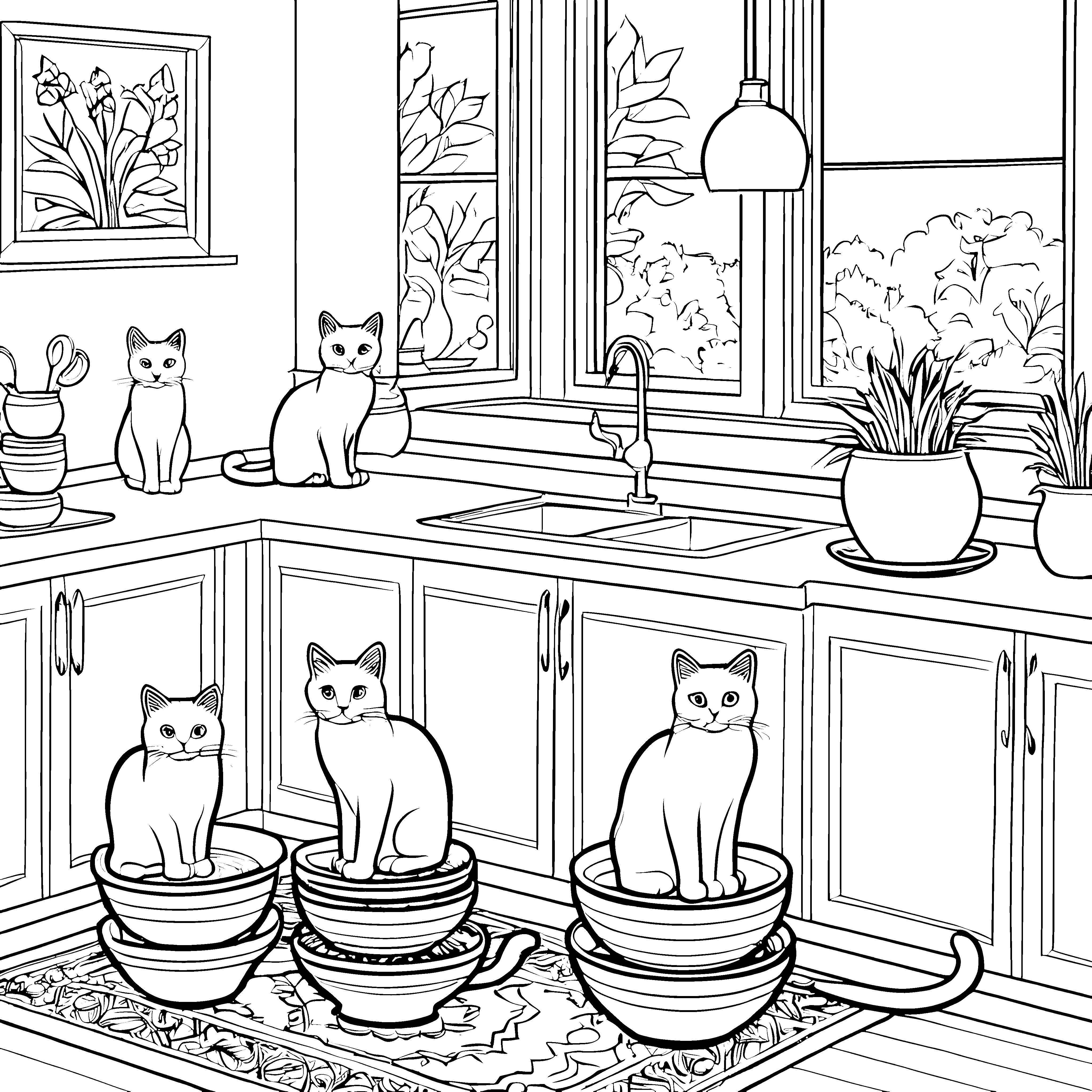 Kuschelige Hauskatzen in bunten Schalen Malvorlage für kreative Küchenfreunde