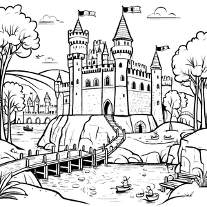Majestätische Burg über malerischem Fluss Ausmalmotivation für junge Abenteurer