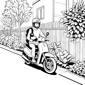 Abenteuerliches Mopedfahrerlebnis durch grüne Gärten Ausmalvorlage für neugierige Verkehrsentdecker