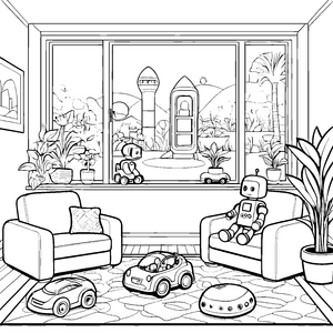Kreativer Roboter im modernen Spielzimmer Ausmalvorlage für neugierige Technikfreunde