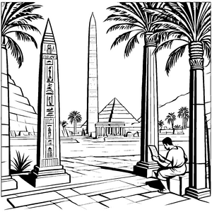 Ägyptischer Schreiber unter alten Monumenten Ausmalmotiv für neugierige Entdecker