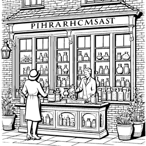 Heitere Apotheke mit bunten Heilmitteln Ausmalbild für wissbegierige Entdecker