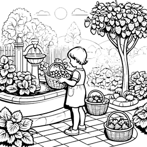 Fröhliches Erdbeerpflücken im blühenden Garten Malvorlage für kleine Naturfreunde