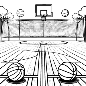 Kreative Basketball-Arena mit bunten Bällen Ausmalvorlage für sportliche Künstler