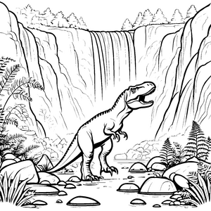 Majestätischer Tyrannosaurus Rex am Wasserfall Ausmalbild für spannende Dino-Fans
