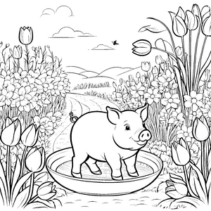Hängebauchschwein-Ferkel im spritzigen Blumenfeld Malvorlage für kleine Naturfreunde
