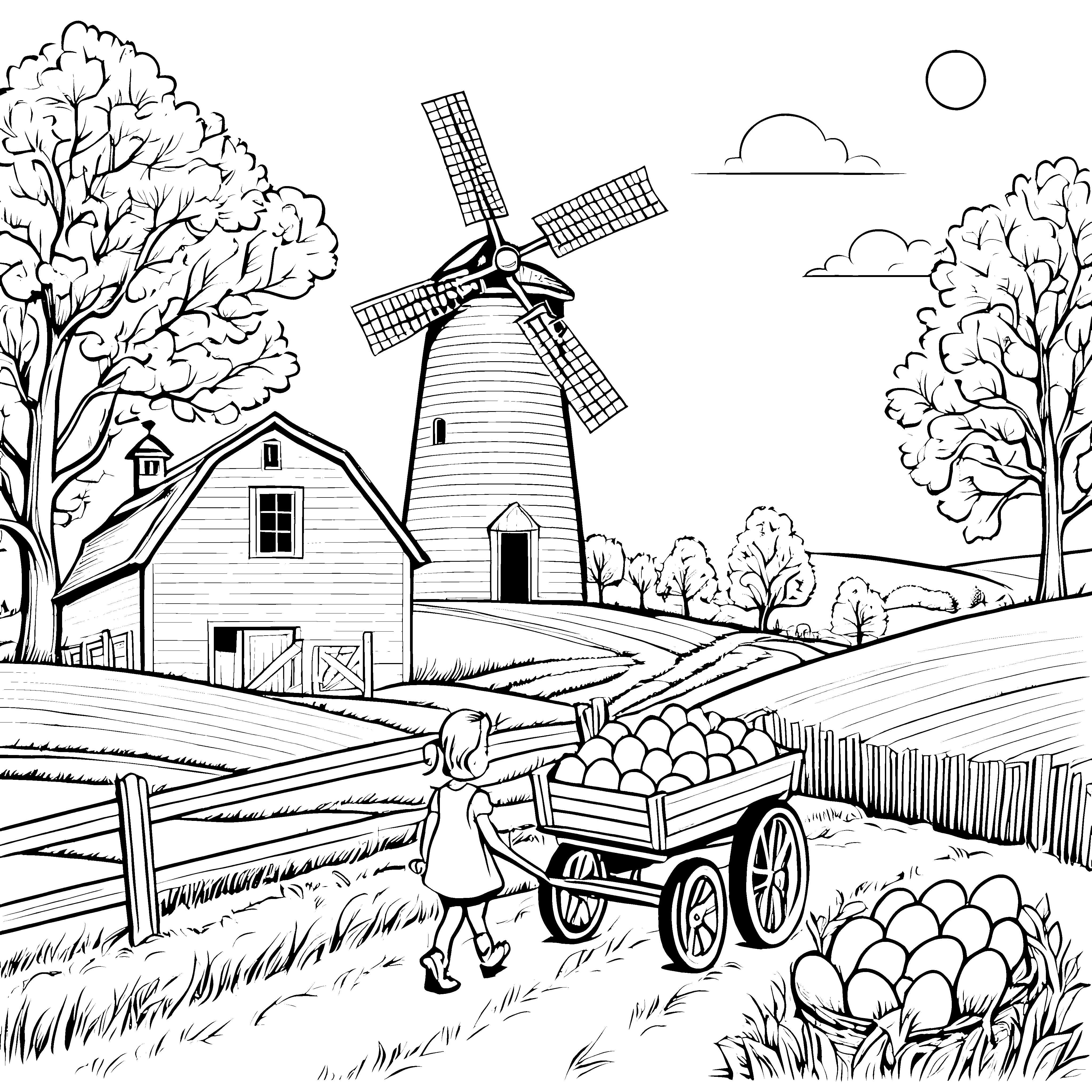 Bauernhof mit malerischer Mühle und Eierernte Ausmalvorlage für kleine Naturfreunde