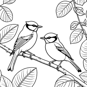 Verspieltes Vogelpaar auf Ast Malvorlage für kleine Naturfreunde