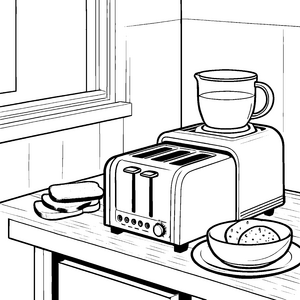 Kreativer Toaster mit knusprigem Toast Malvorlage für kleine Küchenchefs