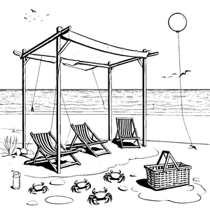 Entspannende Strandliegen unter sonnigem Himmel Ausmalvorlage für kleine Sonnenanbeter
