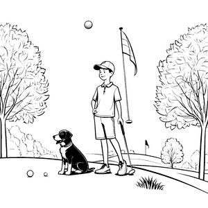 Golfspielender Junge mit treuem Hund Ausmalbild für sportliche Tierfreunde